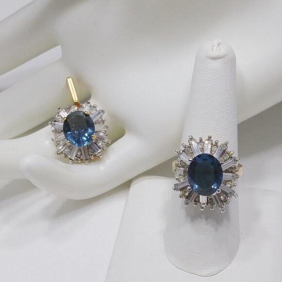 Blue & Clear Rhinestone Ring & Enhancer Pendant Set, Ring 8.25, Pendant 1 1/4 In - Picture 6 of 12